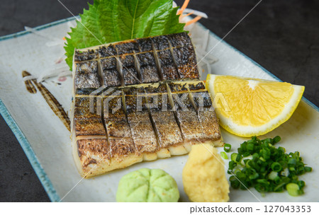 Grilled Mackerel (Saba Shioyaki) with Lemon and Wasabi Grilled Mackerel (Saba Shioyaki) with Lemon and Wasabi 127043353