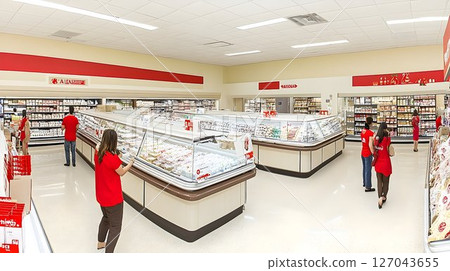 Bright Supermarket Interior with Refrigerated Displays and Unifo 127043655