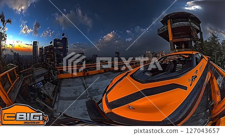 Orange Sports Car on Rooftop Overlooking Cityscape at Dusk with 127043657