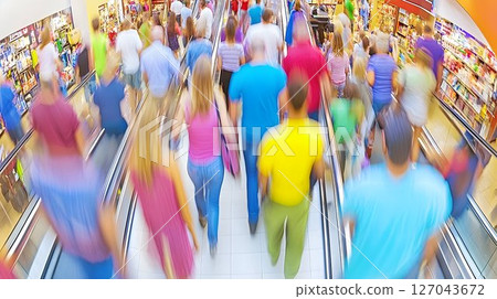Blurred shoppers ascend escalator in vibrant mall, motion and co 127043672