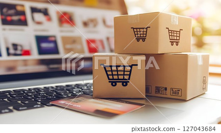 Online Shopping Cart Boxes on Laptop with Credit Card 127043684