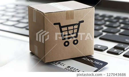 Online shopping delivery cardboard box on laptop with credit card 127043686