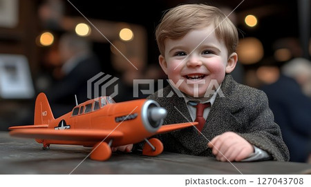 Happy toddler playing with toy airplane childhood joy and fun 127043708