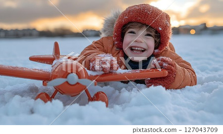 Happy child playing with toy airplane in snowy landscape 127043709