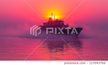 Sunrise ship sailing calm ocean mist pink orange travel voyage 127043768