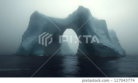Majestic iceberg arch in misty ocean polar landscape Majestic iceberg arch in misty ocean polar landscape 127043774