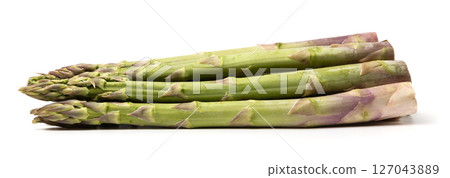 Healthy food and ingredients -Bunch of natural organic green asparagus isolated on white background with built-in clipping path Healthy food and ingredients -Bunch of natural organic green asparagus isolated on white background with built-in clipping path 127043889