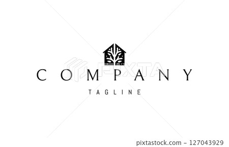 Vector logo with an abstract image of a house with a tree in the middle. 127043929