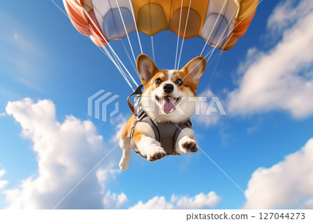A dog flies on a parachute 127044273