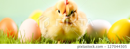 Chicken with Easter eggs in green grass Chicken with Easter eggs in green grass 127044305