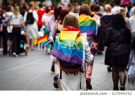 LGBTQ Pride Flags and Symbols at Equality Parade in Europe. Vilnius LGBTQ Pride Flags and Symbols at Equality Parade in Europe. Vilnius 127044332