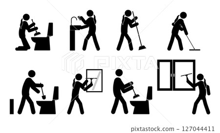 Set of stick figures, cleaning in the bathroom, vector illustration. Set of stick figures, cleaning in the bathroom, vector illustration. 127044411