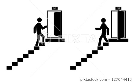 Set of stick figures, movement along the emergency exit stairs, vector illustration. 127044413