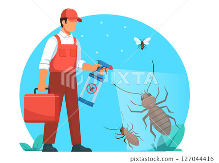 Employees spraying insecticide for termites, ants and cockroaches Employees spraying insecticide for termites, ants and cockroaches 127044416