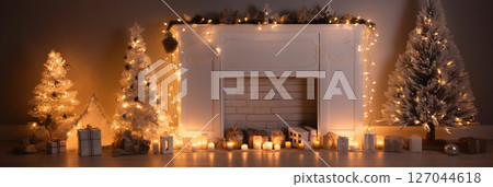 Christmas trees near the fireplace Christmas trees near the fireplace 127044618