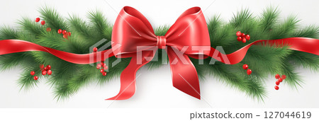 christmas fir tree branches with red ribbon christmas fir tree branches with red ribbon 127044619