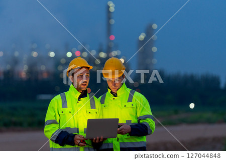 Two man of petrochemical workers or technicians using laptop to work at night and stand in front of the factory with light. 127044848