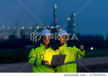 Man and woman of petrochemical workers or engineers using laptop to work at night and stand in front of the factory with light. 127044850
