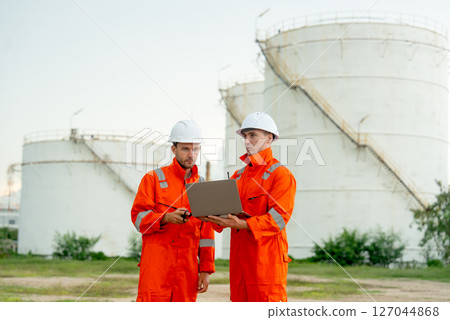 Side view of two engineers or gas factory technicians use laptop to discuss together about work and stand in front of gas tank in workplace. 127044868