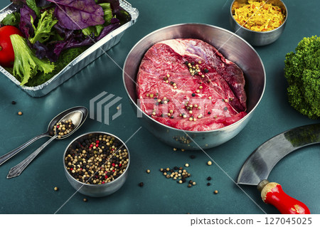 Raw fresh red meat beef. 127045025