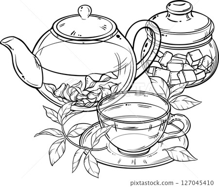 Cup of Tea, Teapot and Sugar Bowl  Outline Illustration. Cup of Tea, Teapot and Sugar Bowl  Outline Illustration. 127045410