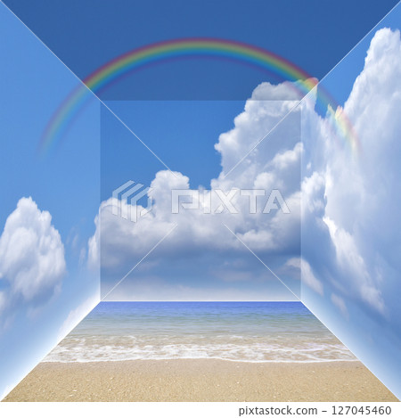 美麗的海灘，有彩虹和積雨雲，夏日藍天盒 127045460