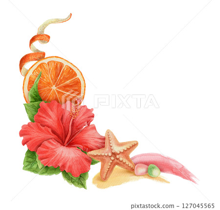 Summer corner arrangement with Hibiscus flower and starfish. Hand drawn watercolor artwork with orange and brushstroke. Beach graphic element. Perfect for card template and holiday season design. Summer corner arrangement with Hibiscus flower and starfish. Hand drawn watercolor artwork with orange and brushstroke. Beach graphic element. Perfect for card template and holiday season design. 127045565