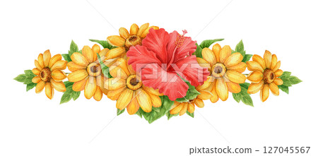 Red Hibiscus flower and sunflower wide bouquet arrangement. Hand drawn watercolor with floral and leaf. Vacation vibe graphic element. Perfect for summer card templates and holiday season design. Red Hibiscus flower and sunflower wide bouquet arrangement. Hand drawn watercolor with floral and leaf. Vacation vibe graphic element. Perfect for summer card templates and holiday season design. 127045567