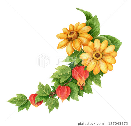 Abuchiron twig with yellow helianthus flower summer arrangement. Hand drawn watercolor botanical art. Vacation vibe graphic element. Perfect for vibrant card template and holiday season design. 127045573