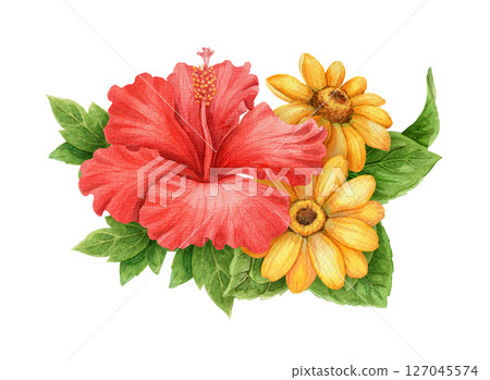Red Hibiscus flower and sunflower bouquet arrangement. Hand drawn watercolor art with floral and leaf. Vacation vibe graphic element. Perfect for summer card templates and holiday season design. 127045574