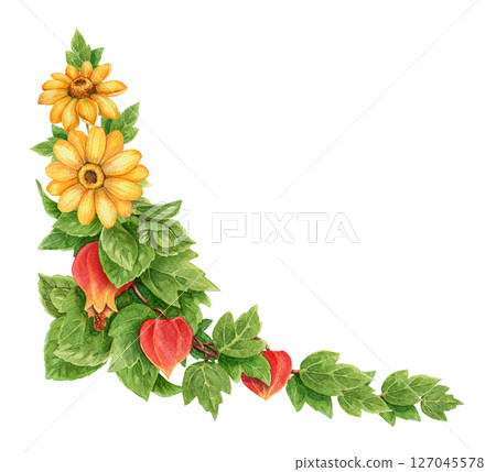 Abuchiron twig with yellow helianthus flower summer corner arrangement. Hand drawn watercolor botanical art. Floral graphic element perfect for botanical card template and holiday season design. 127045578