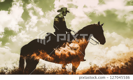 Silhouette of cocky cowboy man with hat on horseback in a field against sunset sky. Western style wallpaper with a guy riding black horse. Horseman. This is AI-generated item 127045586