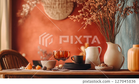 A beautiful set table with decorative elements, featuring rustic vase, glassware and dried flowers against a warm, inviting red wall backdrop Interior This is AI-generated item 127045836