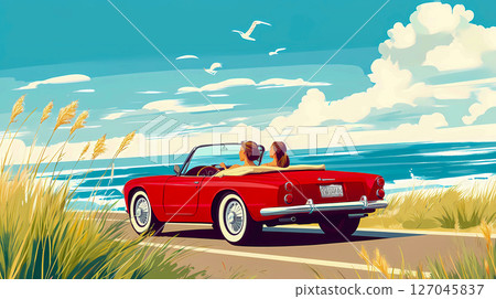 Two young women, girlfriends driving a red convertible car along blue sea on a sunny summer day with cloudy sky. Freeway highway. Summertime vacation. This is AI-generated item 127045837
