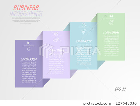 Business Infographics. 4 steps to achieve the result. Stages of development, workflow, marketing or plan. Business strategy with icons. Diagram of the report, statistics and training 127046036