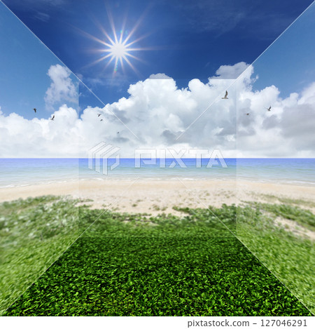 Cumulonimbus clouds, green sandy beach, sunshine and blue sky box Cumulonimbus clouds, green sandy beach, sunshine and blue sky box 127046291