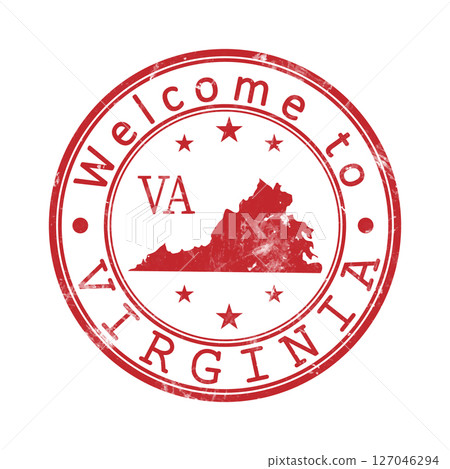 Welcome to Virginia. A worn stamp with a silhouette of the state and an abbreviated designation. Print impression, a template for creative design 127046294