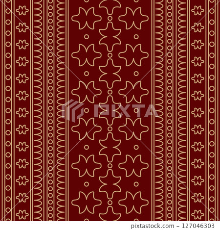 Seamless gold ornament on a red background. The composition of colorful elements creates a seamless pattern. National ornament. Idea for textiles, textures, prints, wallpapers, clothes and interior, Seamless gold ornament on a red background. The composition of colorful elements creates a seamless pattern. National ornament. Idea for textiles, textures, prints, wallpapers, clothes and interior, 127046303