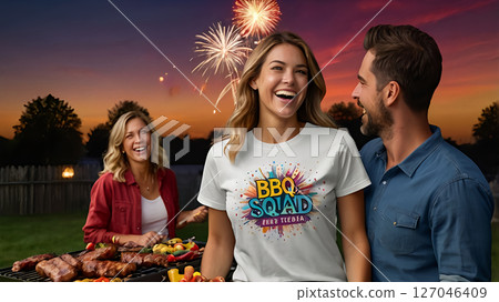 Fireworks & BBQ Parties captured as realistic photography showing families laughing around a barbecue with colorful fireworks in the twilight sky 127046409