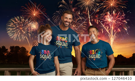 Fireworks & BBQ Parties captured as realistic photography showing families laughing around a barbecue with colorful fireworks in the twilight sky Fireworks & BBQ Parties captured as realistic photography showing families laughing around a barbecue with colorful fireworks in the twilight sky 127046410