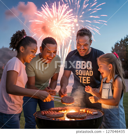 Fireworks & BBQ Parties captured as realistic photography showing families laughing around a barbecue with colorful fireworks in the twilight sky Fireworks & BBQ Parties captured as realistic photography showing families laughing around a barbecue with colorful fireworks in the twilight sky 127046435