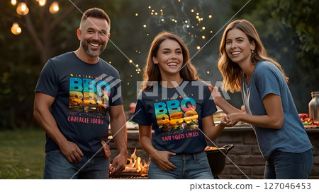 Fireworks & BBQ Parties captured as realistic photography showing families laughing around a barbecue with colorful fireworks in the twilight sky 127046453