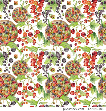 Currant gooseberry in clusters, leaves on ceramic dish, ripe picked garden berry harvest, casseille jostaberry, hand drawn in watercolor. Isolated seamless pattern. Organic food packaging, eco textile 127046486