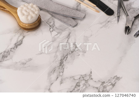 Gel nail manicure at home, brushes, files and manicure tools, copy space 127046740