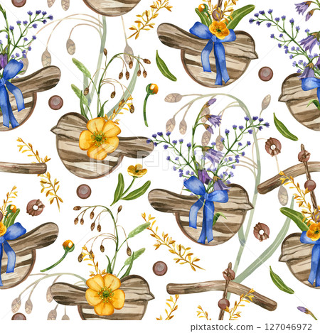 Meadow flowers and grasses, decorative pendants in the form of a bird, buttercups, timothy grass, wooden beads, leaves. All objects are hand-painted with watercolors. For printing on fabric, paper. Meadow flowers and grasses, decorative pendants in the form of a bird, buttercups, timothy grass, wooden beads, leaves. All objects are hand-painted with watercolors. For printing on fabric, paper. 127046972