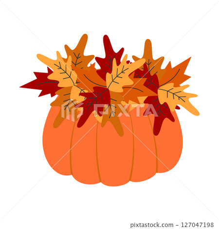 Hand drawn Pumpkin and Autumn leaves Wreath Thanksgiving Greeting Sticker colorful design element 127047198