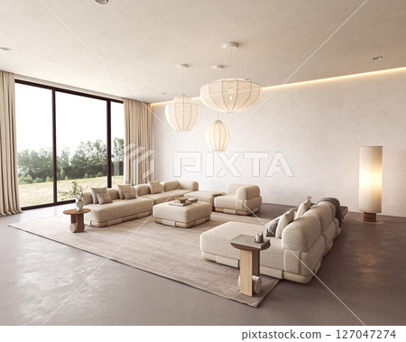 Minimalist neutral living room with large windows and modern sofas 127047274
