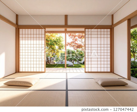 A simple Japanese-style room with light streaming in through the shoji screens 127047442