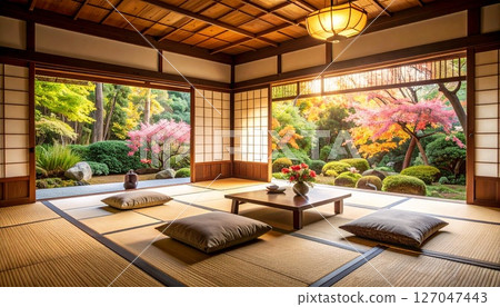 An authentic tea room with a tokonoma alcove and hanging scroll 127047443
