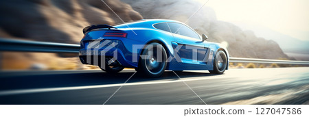 Blue car driving on the road Blue car driving on the road 127047586